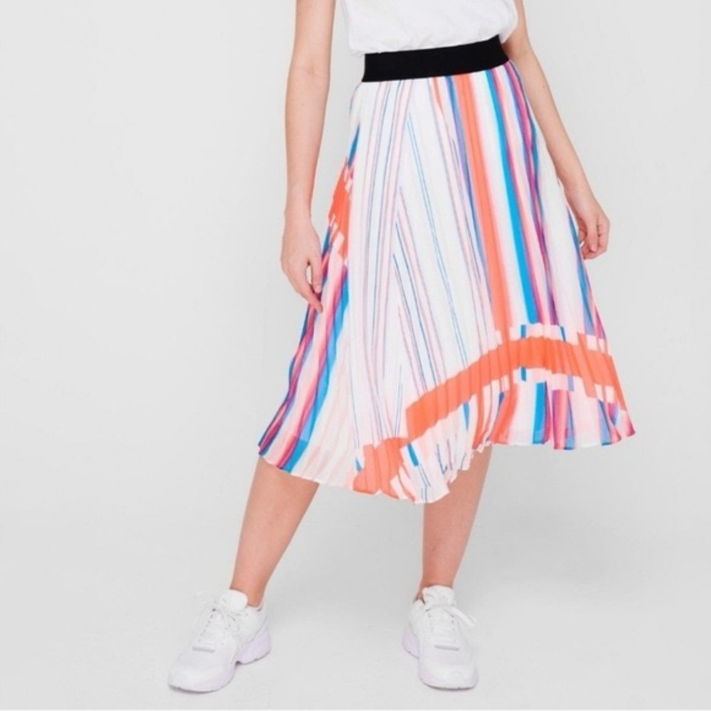 DKNY Multicolor Striped A-Line Pleated Skirt with Black Waistband